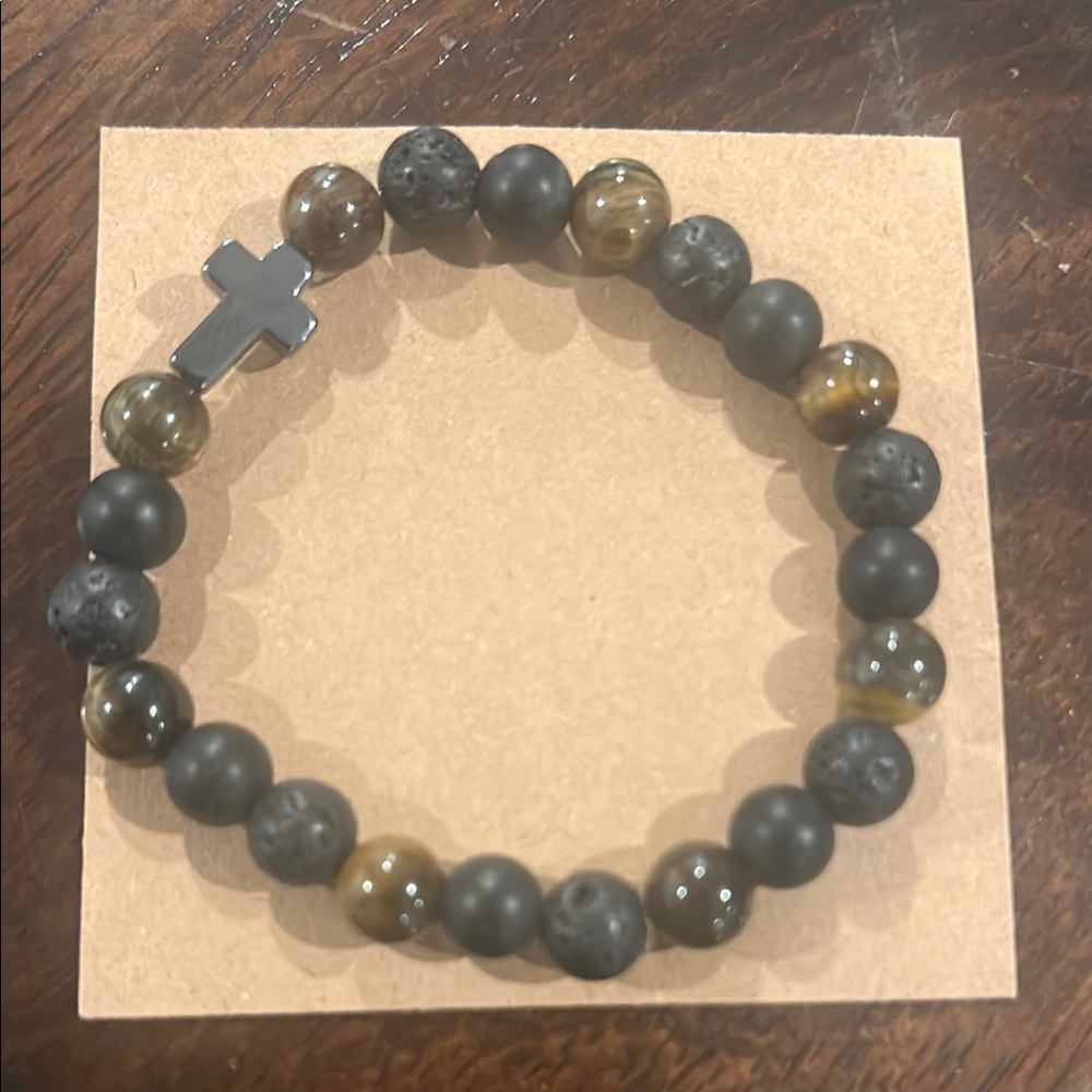 Black and Brown Beaded Bracelet with Cross